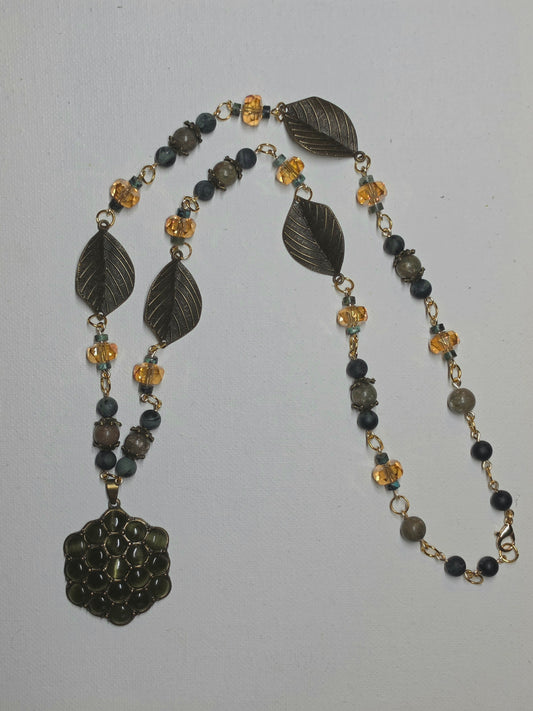 Fall Leaves and Green Honeycomb Pendant Necklace