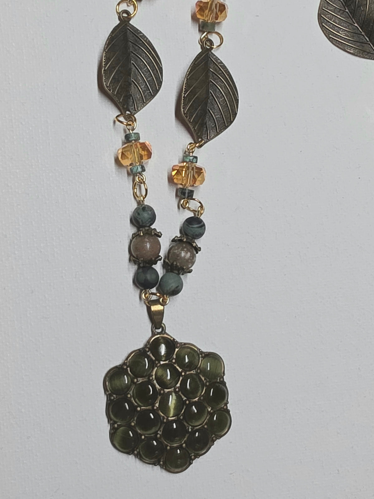 Fall Leaves and Green Honeycomb Pendant Necklace