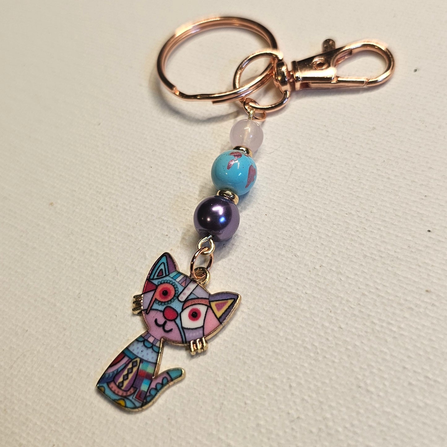 Lavender and Turquoise Cubist Cat Keychain