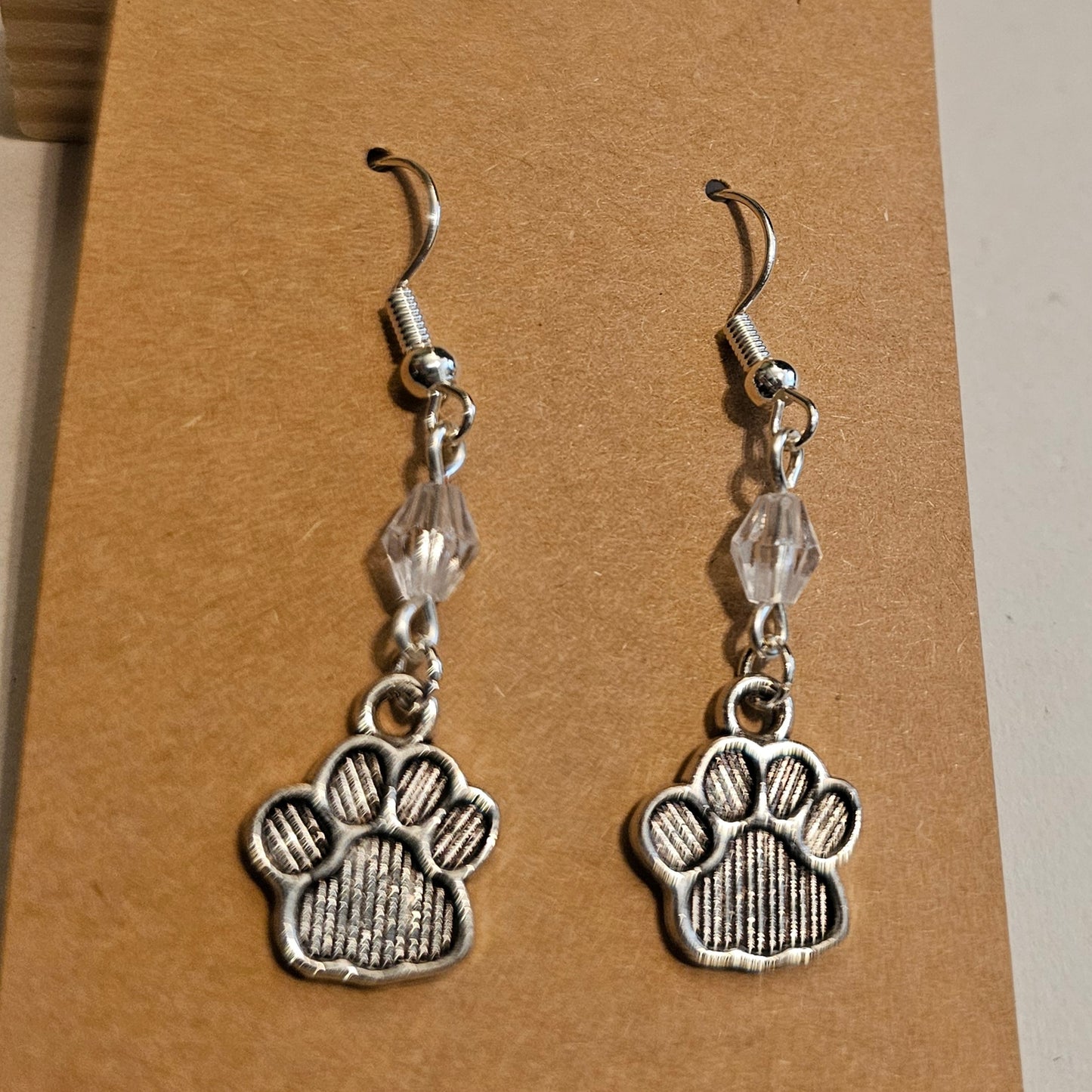Clear Faceted Bead and Paw Earrings