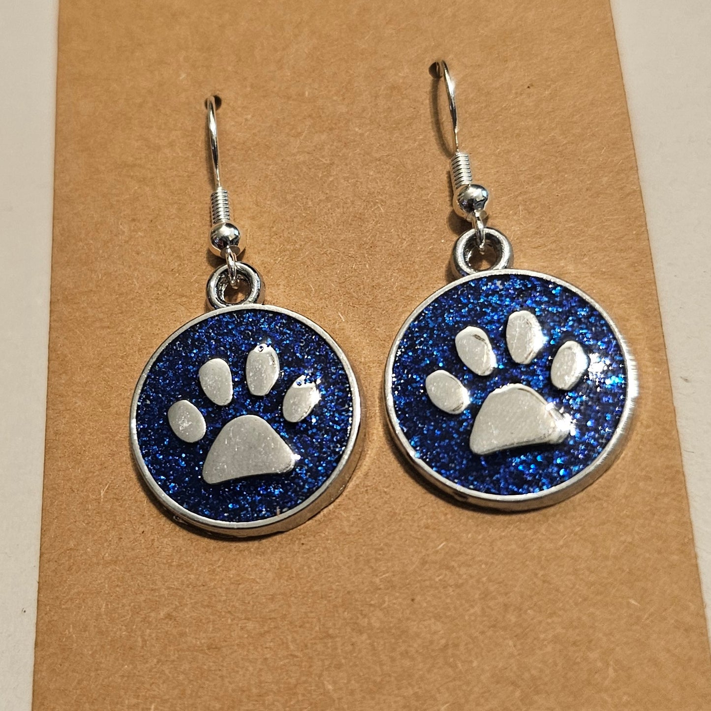 Royal Blue Glitter and Silvery Paw Earrings
