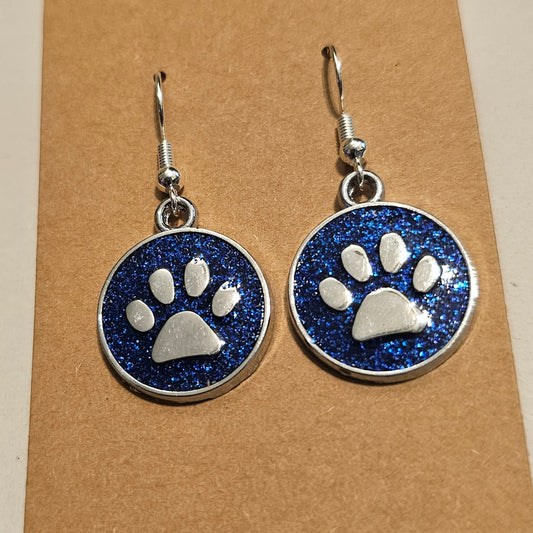Royal Blue Glitter and Silvery Paw Earrings