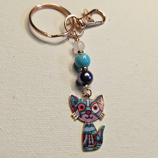 Lavender and Turquoise Cubist Cat Keychain