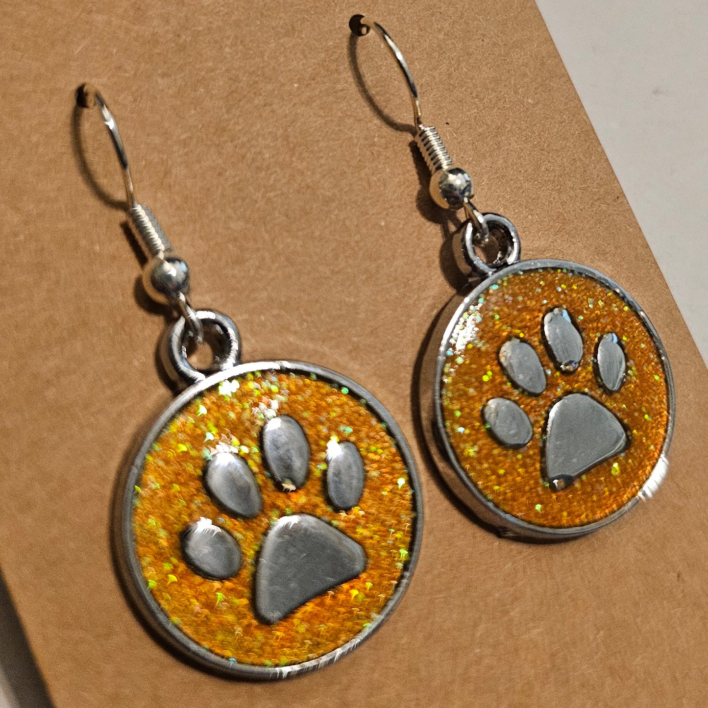 Golden Yellow Glitter and Silvery Paw Earrings